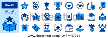 Icons in two colors about rewards. Contains such icons as bonus, discounts and special benefits. Editable stroke