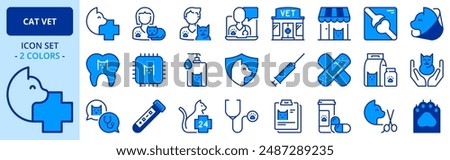 Icons in two colors about cats and vet. Pets. Contains such icons as health care, dental care, test, vaccines, diagnosis, x-ray, deworming and urgency. Editable stroke