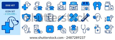 Icons in two colors about dogs and vet. Pets. Contains such icons as health care, dental care, test, vaccines, diagnosis, x-ray, deworming and urgency. Editable stroke