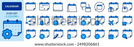 Icons in two colors about calendar. Contains such icons as meeting, break time, events, holidays, trip, work schedule and management. Editable stroke