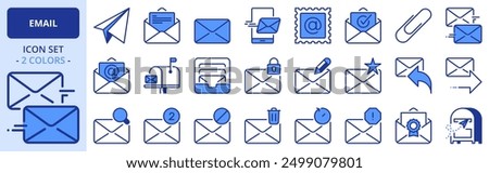 Icons in two colors about email. Technology and communication concept. Contains such icons as mail, inbox, reply, edit, send and mailbox. Editable stroke