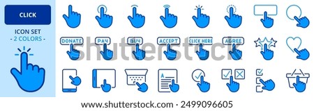 Icons in two colors about click. Contains such icons as hand with gestures, touch, press, tap and push. Editable stroke.
