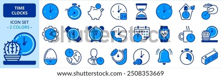 Icons in two colors about time and clocks. Editable stroke. 