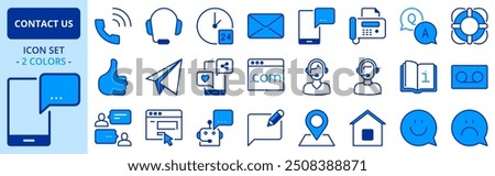 Icons in two colorsabout contact us. Contains such icons as call center, support, mail, curtomer service, web site, feedback, info and call. Editable stroke