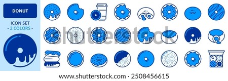 Icons in two colors about sweet donuts, filled doughnuts and holes with chocolate, cream, icing sugar and glazed. Bakery products.  Editable stroke. 