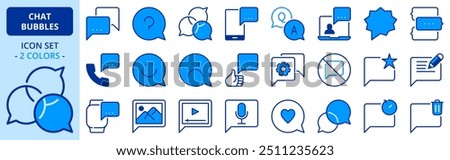 Icons in two colors about chat bubbles. Communication concepts. Contains such icons as instant messaging, social media, video, audio, pictures and emoji. Editable stroke