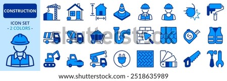 Icons in two colors about construction. Contains such icons as architecture, workers, material, tools and construction vehicles. Editable stroke