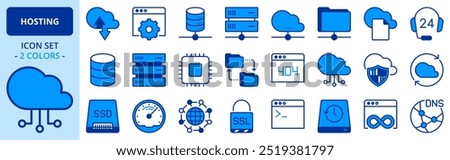 Icons in two colors about hosting and cloud network. Contains such icons as database, folder, file, transfer, SSL, DNS, VPN, VPS andd domain. Editable stroke