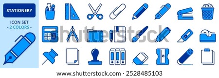 Icons in two colors about stationery. Contains such icons as ruler, pencil, scissors, glue, clip, eraser, marker, paper and folder. Editable stroke