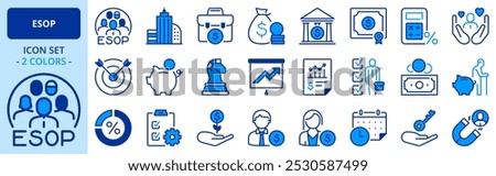 Icons in two colors about ESOP employee stock ownership plan. Contains such icons as company, win-win, scheme and benefits. Editable stroke.