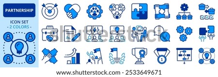 Icons in two colors about partnership. Contains such icons as business, win-win, trust, collaboration, goal, teamwork, share, performance, knowledge and planning. Editable stroke