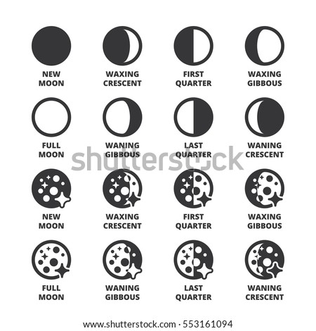 Set of black flat symbols about the weather. Moon phases