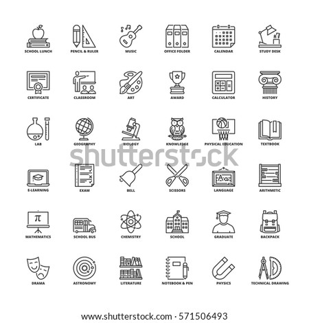  Outline icons set. Flat symbols about school