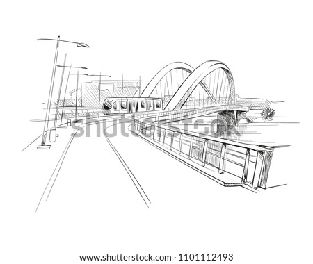 France. Lyon. Bridge Pont Raymond Barre. Hand drawn sketch. Vector illustration.