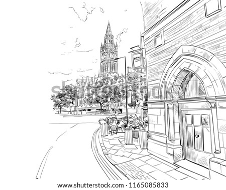 Manchester. England. United Kingdom of Great Britain. Urban sketch. Hand drawn vector illustration 