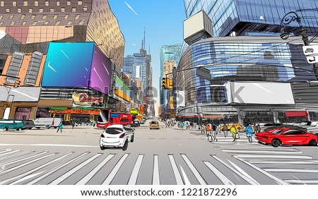 Times square. New York. USA. Hand drawn city sketch. Vector illustration.