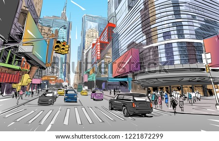 Times square. New York. USA. Hand drawn city sketch. Vector illustration.