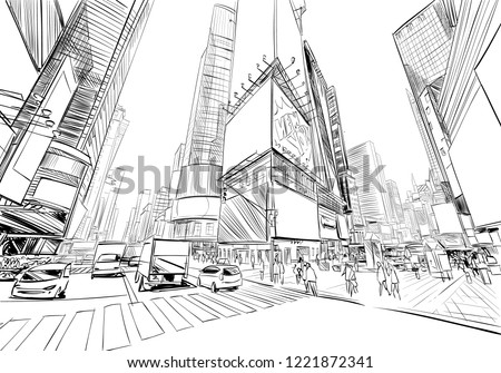 Times square. New York. USA. Hand drawn city sketch. Vector illustration.