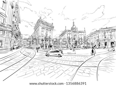 Milan. Italy. Street urban sketch. Hand drawn. Vector illustration.