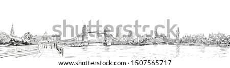 Tower Bridge. Trafalgar Square.  Big Ben. London. England. City panorama. Collage of landmarks. Vector illustration. Urban sketch. 