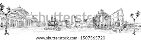 Pompeii. Piazza del Plebiscito. Fountain of Giant. Naples. Italy. City panorama. Collage of landmarks. Hand drawn sketch. Vector illustration.