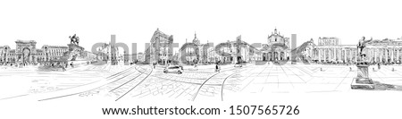 Milan. Italy. Piazza del Duomo. Victor Emanuel II Gallery. Milan Cathedral. City panorama. Collage of landmarks. Hand drawn sketch. Vector illustration.