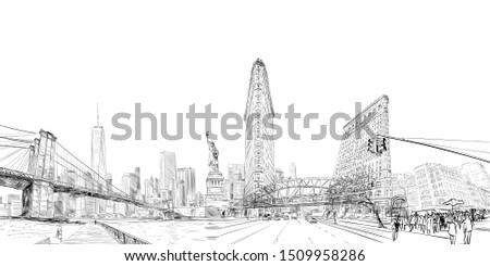 Times square. New York. USA.City panorama. Collage of landmarks. Vector illustration. Urban sketch. 