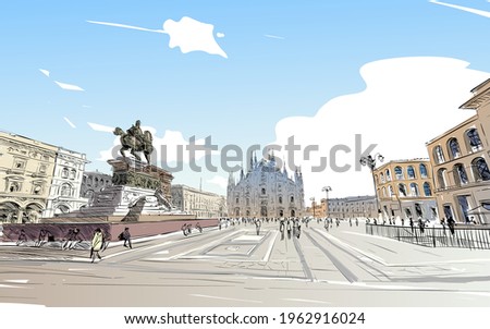 Piazza del Duomo. Milan Cathedral. Victor Emanuel II Gallery. Hand drawn sketch. Vector illustration.