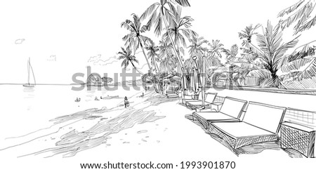 Maldive island sketch. Beautiful tropical sea ​​shore. Resort. Sandy beaches with palms. Hand drawn sketch. Vector illustration.