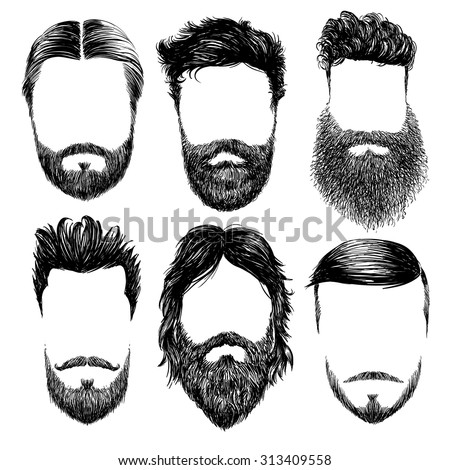 Hipster fashion man hair and beards, Hand drawn vector illustration set