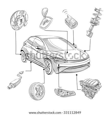 Sketch car abstract vector design concept. Infographics hand drawn illustration