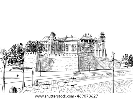 Poland. Krakow. Wawel castle. Hand drawn sketch. City vector illustration