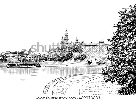 Poland. Krakow. Wawel castle. Hand drawn sketch. City vector illustration