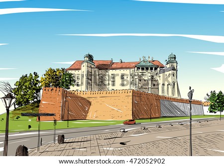 Poland. Krakow. Wawel castle. Hand drawn sketch. City vector illustration