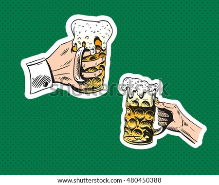 Hand with glass of beer.Octoberfest. Hand drawn sketch, vector illustration