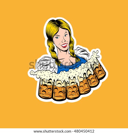 The waitress brings glasses of beer. Octoberfest. Hand drawn sketch, vector illustration