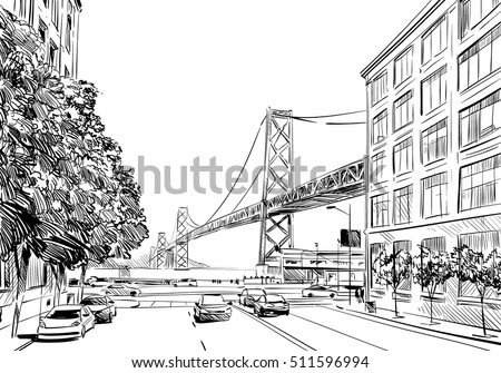 San Francisco city hand drawn. Oakland Bay Bridge sketch, vector illustration