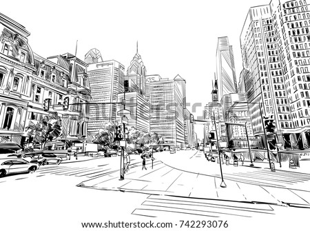 Philadelphia. Pennsylvania. USA. Hand drawn.Unusual Street sketch, vector illustration