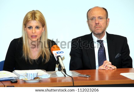 THESSALONIKI, GREECE - MARCH 31: Elena Rapti (L) and Philipos Zafiriou (R), in a meeting, as Local Council of the New Democracy Political Party, on March 31, 2011, Thessaloniki Greece.