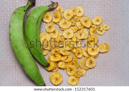 Traditional Banana chips from Kerala cuisine.fried chips. banana chips. Raw green banana India Asia
