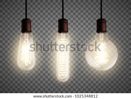 Set of vintage spiral Edison light bulb is glowing in the dark. Isolated on a transparent background. Stock vector illustration.