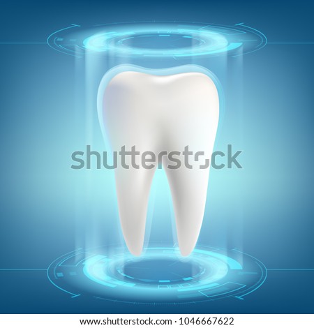 Human tooth. Dental implant. Digital HUD infographics. Futuristic background. Whitening and treatment. Stock vector illustration.