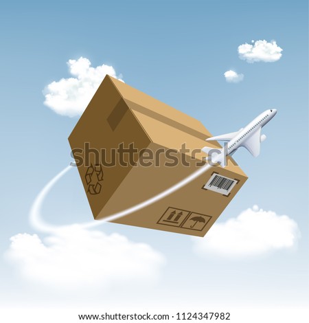 Plane flies around the cardboard box. Cargo delivery by air. Free and fast freight transportation around the world. Stock vector illustration.