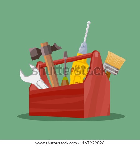 Industrial tools hammer, wrench and screwdriver in the tool box. Stock vector illustration.