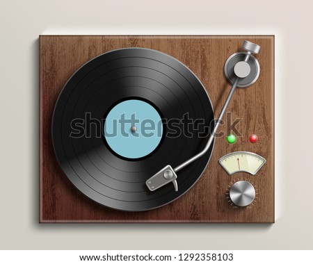 Vintage record player with retro vinyl disc. Vector realistic illustration.