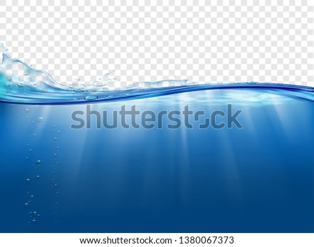 Underwater landscape with sunbeams. Water surface. Isolated on a transparent background. Vector illustration.