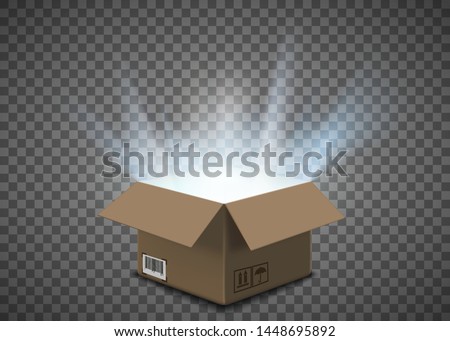 Open cardboard box with a glow inside. Isolated on a transparent background. Vector illustration.