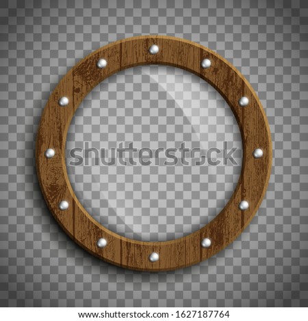 Round window porthole. Wooden frame. Template isolated on a transparent background. Vector illustration