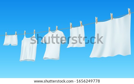 White clean linen and clothes hanging on a rope. Vector illustration