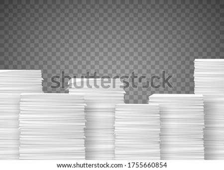 Piles of paper documents. Paperwork in the office. Stack isolated on transparent background. Vector illustration.